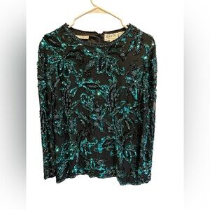 vintage Sequin Blouse - Black and Green size L